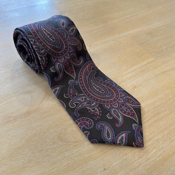 Paco Rabanne Paris Silk Brown Red Paisley Hand Made in Italy Tie - Picture 1 of 6